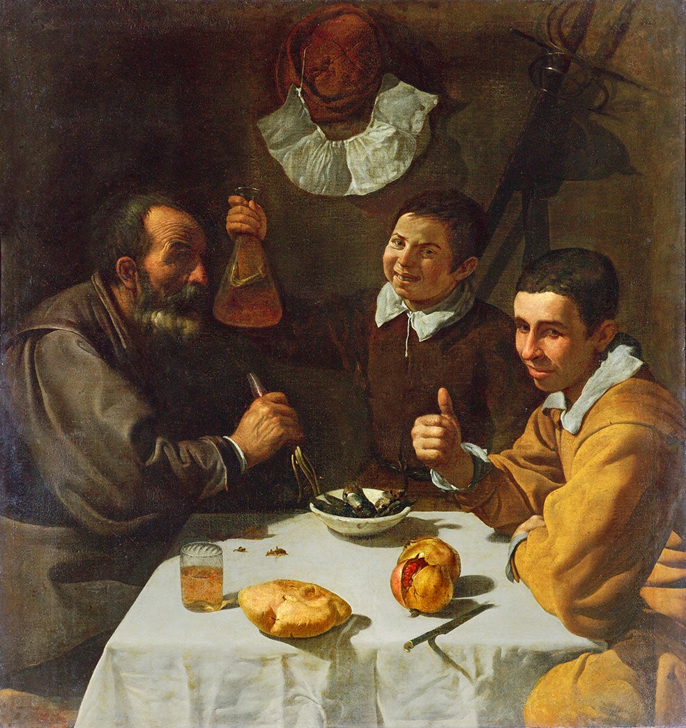 El almuerzo pertenece a la primera etapa sevillana de Velázquez y fue adquirido por la zarina Catalina II. Los conservadores pensaban que se trataba de una pintura flamenca. No se atribuyó a Velázquez hasta 1895.