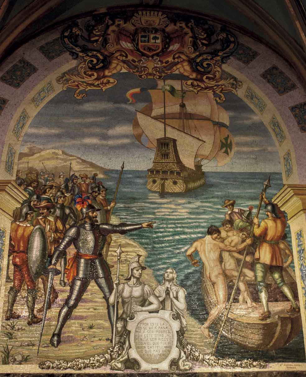 Alcanzó el Imperio inca en 1532, un Estado con 12 millones de personas. Este fresco, sobre su tumba en la catedral de Lima, rememora aquel día.