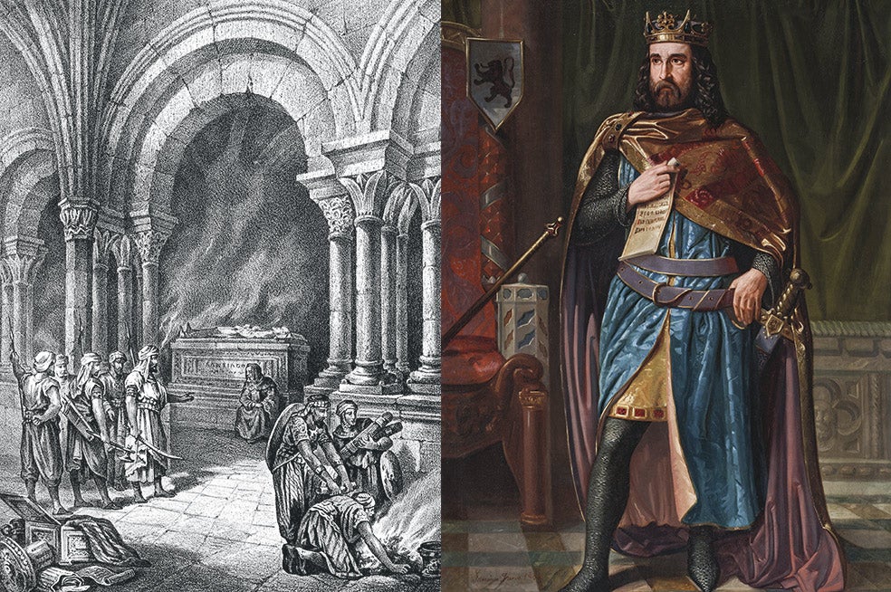 Para castigar a Bermudo II de León, Almanzor ataca Galicia en el año 997. Destruye Compostela y el templo erigido sobre la tumba y se lleva a Córdoba sus puertas y campanas. Pero respeta el sepulcro porque lo considera sagrado.