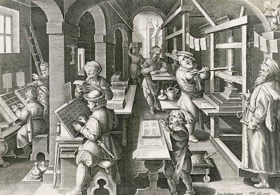 Trabajadores en el interior de una imprenta flamenca en el siglo XVI.
