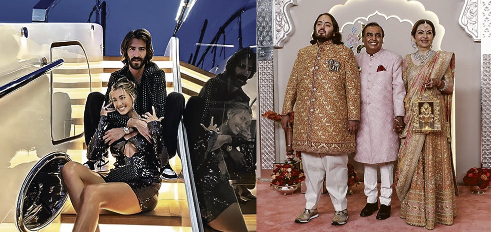 Leonardo Maria del Vecchio, de 28 años, nuevo multimillonario al heredar la fortuna familiar de la empresa de gafas de sol Luxottica. A la derecha: Mukesh Ambani, el hombre más rico de la India, con su hijo Anant en su boda.