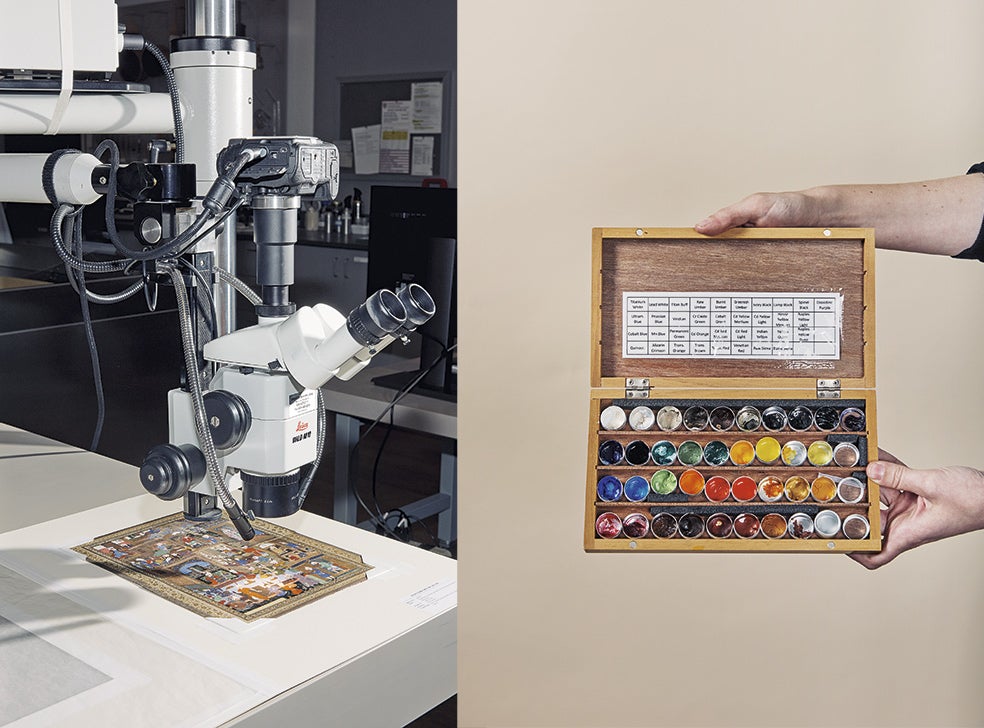 El Straus Center también se dedica a la restauración de obras de arte. La pintura en el microscopio es del siglo XVI. Las obras se analizan con tomógrafos computarizados, escáneres 3D y microscopios láser, como los que se usan en medicina. A la derecha, colores que se usan en la restauración.