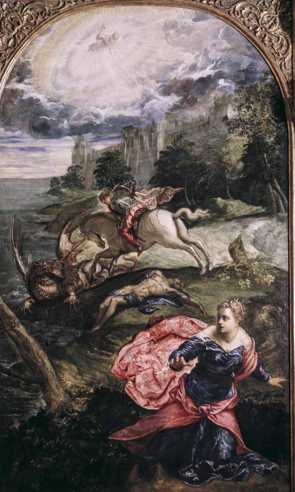 En San Jorge y el dragón, pintado entre 1550 y 1560, Tintoretto hace una composición muy teatral que se acerca al Barroco.