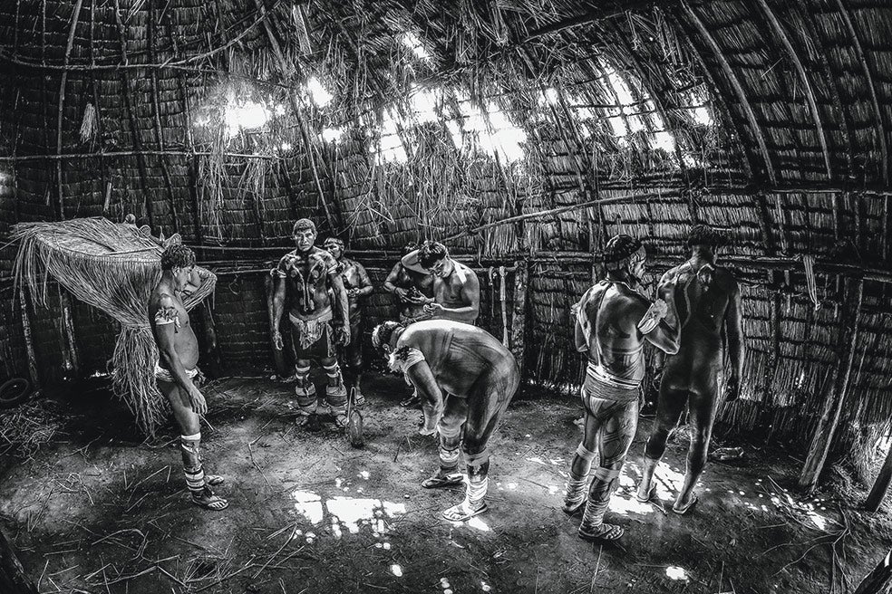 Se cree que la tribu de los kalapalos huyó desde la costa caribeña hasta las entrañas de la selva amazónica huyendo de los españoles. Su lengua está emparentada con dialectos de la Guyana. Los kalapalos son muy hábiles en la pesca: solo comen animales acuáticos, nunca terrestres. En la imagen, un grupo de hombres se prepara para el huka-huka, una lucha ritual que representan durante la ceremonia de Kuarup, en la que celebran la vida y la muerte.