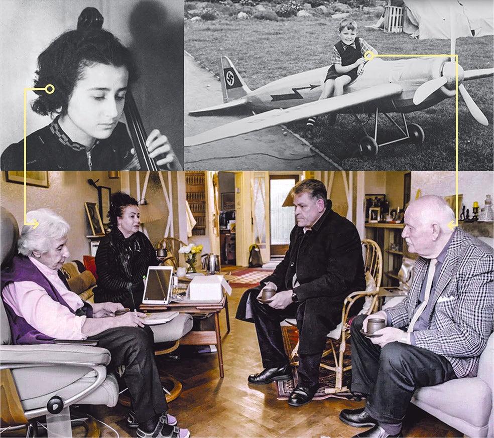 Abajo, de izquiera a derecha: la superviviente de Auschwitz Anita Lasker-Wallfisch; su hija, Maya; Kai Hoess (nieto del criminal) y su padre, Hans Jürgen, hijo del jerarca nazi. Arriba, Anita y Hans Jürgen, cuando les separaba un muro –la distancia entre la 'vida feliz' y la abominable masacre– en el campo de concentración.