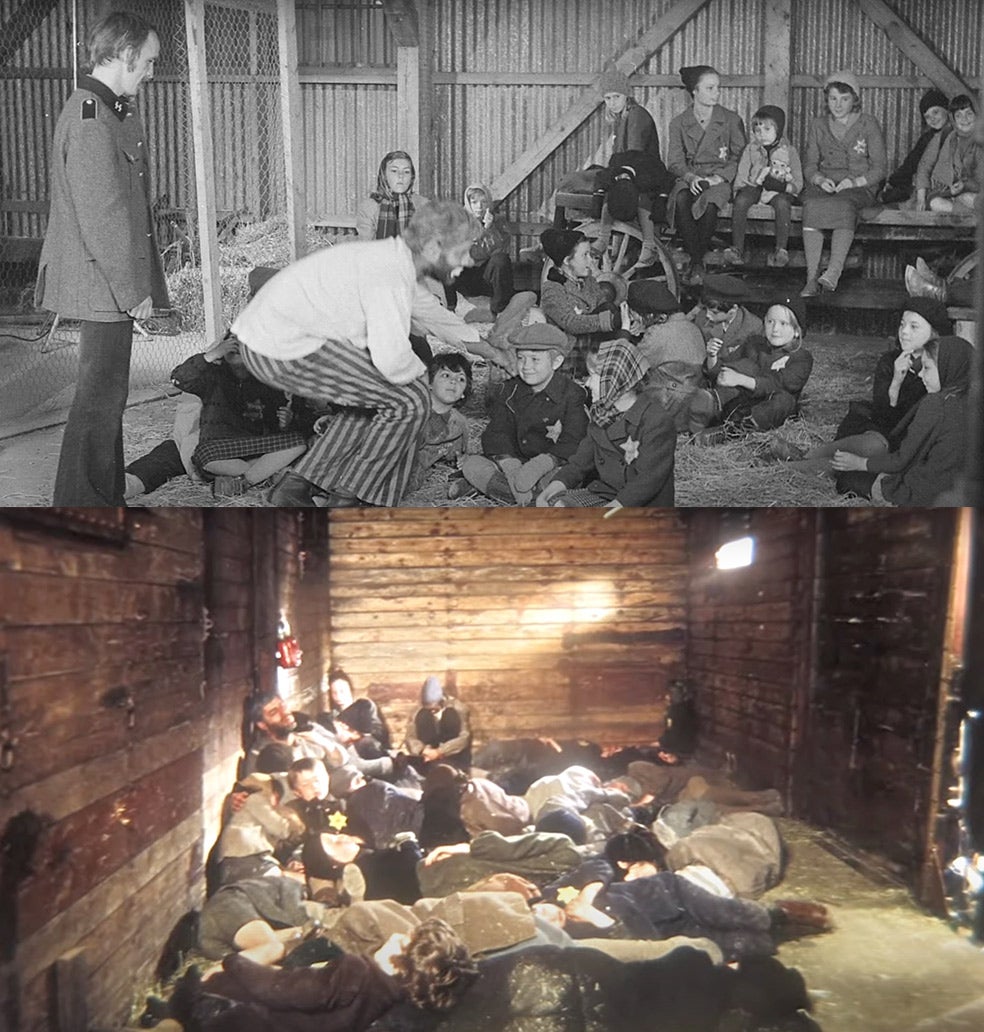 De lo que más se arrepentía Lewis era de haber hecho que 65 niños (arriba, hablando con ellos en un descanso) representasen escenas del campo de concentración y las cámaras de gas. Su personaje es un payaso encargado de distraer a los niños judíos antes de entrar a la cámara de gas a cambio de su futura libertad.