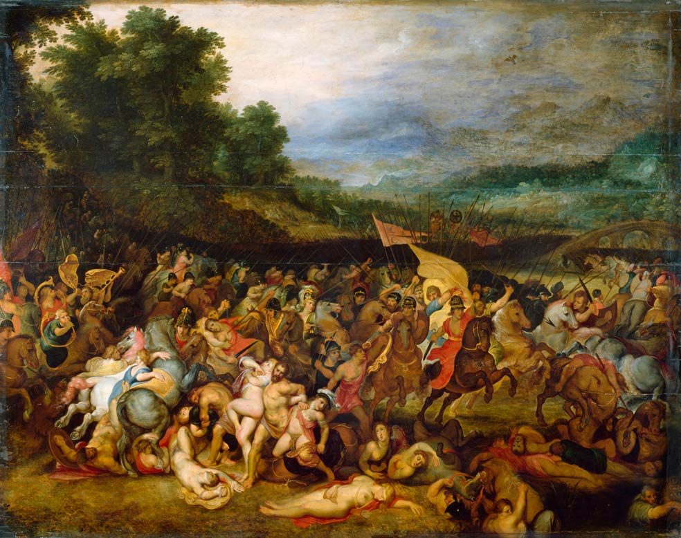 El Rubens de la primera etapa tiene cierta fijación por el sexo. Una de sus primeras obras, La batalla de las amazonas, representa a mujeres desnudas retorciéndose con hombres musculosos. El autor pintó varias imágenes de griegos luchando contra estas temibles guerreras, y en todas ellas la dinámica de la acción es la de una violación en grupo. Esta obra muestra a Hércules en el centro de la composición, sujetando a una amazona desnuda con cada brazo. Ellas, enfadadas, forcejean, pero no consiguen soltarse de Hércules. Éste tiene los músculos y la fuerza suficientes para conseguir lo que quiera. En la parte inferior del cuadro, se amontonan cadáveres de mujeres sin ropa.