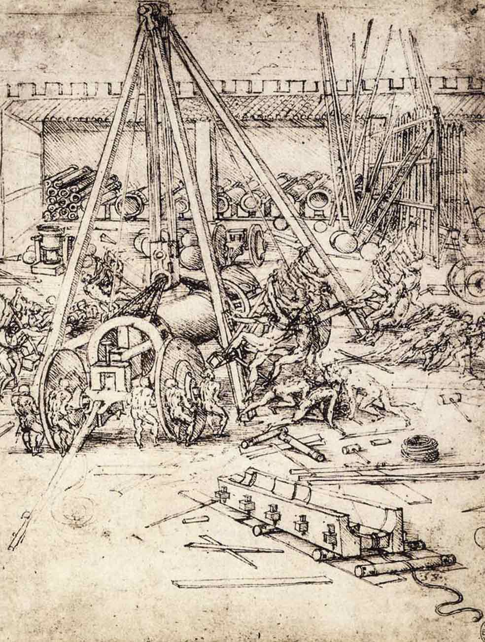 El realista Leonardo se convertía en un verdadero surrealista cuando la cosa iba de armas. Algunos de sus dibujos servían, básicamente, para entretener a los Sforza. En la imagen, el estudio de una grúa para levantar un cañón en una fundición, en torno a 1487.