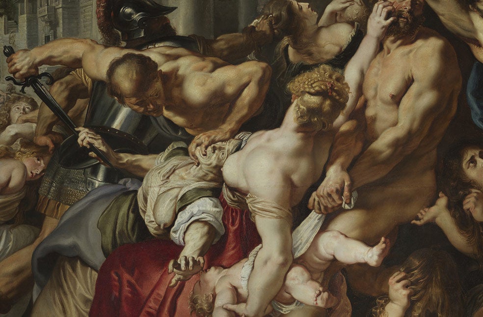 La masacre de los inocentes (1611- 1612), en la apertura, considerada una de las obras maestras del artista, es, quizá, la más brutal. Los asesinos enviados por Herodes para acabar con todos los niños se ceban con ellos. A la derecha del cuadro, vemos cómo uno de ellos sacude sin piedad a un bebé. La mujer, en el centro, de espaldas, protege a su hijo arañando a un verdugo mientras que su madre, entre tanto, muerde la mano de otro (detalle a la derecha).