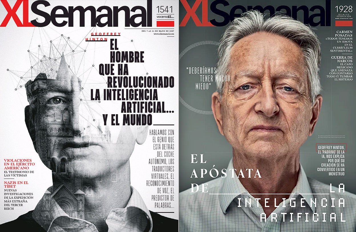Dos portadas de XLSemanal dedicadas a Hinton. Hay siete años de diferencia entre ellas y un sustancial cambio en la visión de Hinton sobre la tecnología que él ha contribuido a crear de manera decisiva.