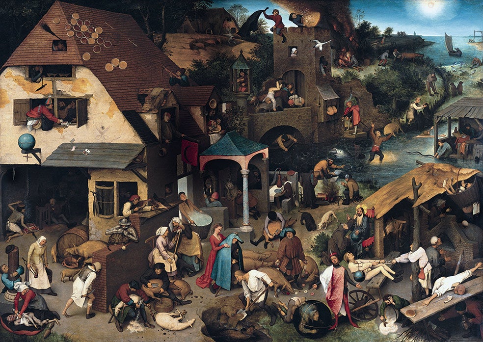 «Pasear llevando sobre los hombros una carga» (imaginar que las cosas son peores de cómo en realidad son); «Cagar por el mismo agujero» (ser inseparables, 'uña y carne'); «El pez grande se come al chico»; «Tirar el dinero al agua» (nuestro 'echar la casa por la ventana'). Hasta más de cien refranes inspiran las escenas de Los proverbios flamencos, el cuadro en el que Bruegel explica fábulas, citas bíblicas y lanza un mensaje moralizante.