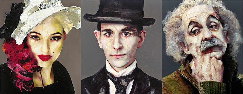 Así ve la artista a mitos como –de izquierda a derecha– Marilyn Monroe, Franz Kafka o Albert Einstein. Algunas de sus obras se venden por 140.000 euros. «¡Qué importa eso! Los artistas más grandes siempre han sido gente sencilla».