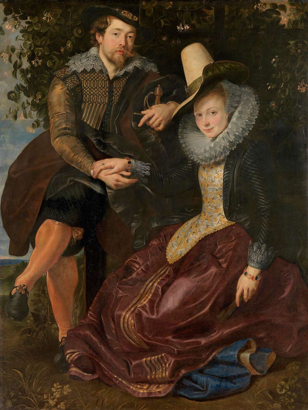 Pedro Pablo Rubens, hombre de gran formación académica, conocedor de la cultura clásica y políglota, se autorretrató en varias ocasiones. La imagen superior es un detalle del cuadro en el que aparece junto con su esposa, Isabella Brandt, con quien se casó en 1609 en Amberes, ciudad a la que había acudido a estudiar pintura. El artista, perfecto conocedor del protocolo cortesano, gustaba de representarse en sus cuadros como un auténtico señor, con los tres elementos distintivos de su clase: sombrero, espada y ricos trajes. El matrimonio, que tuvo tres hijos, estuvo afincado en Amberes hasta que una epidemia de peste los obligó a abandonar la ciudad en 1626, año en el que el pintor enviudó.