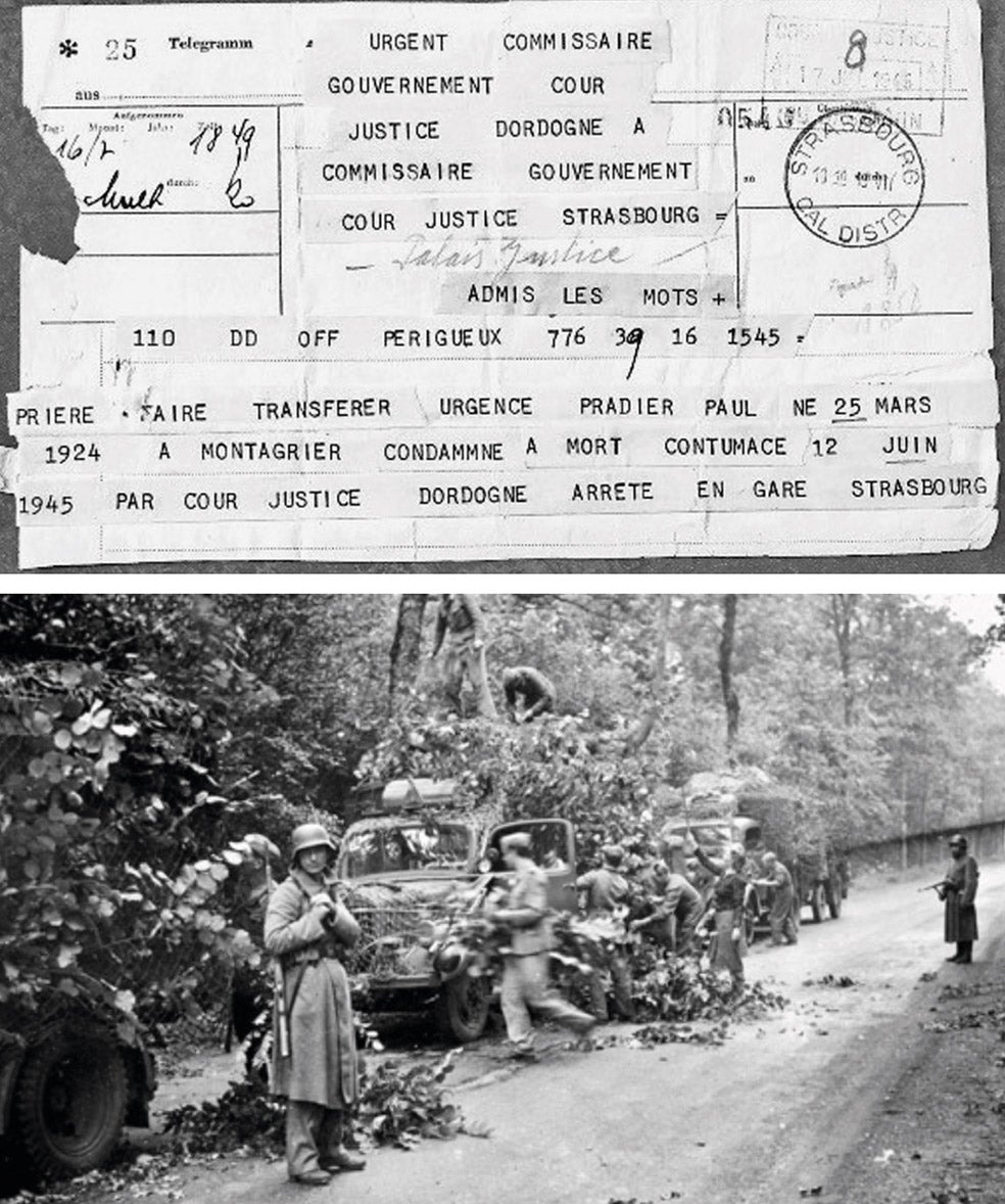 Uno de los documentos hallados por Albert en el que se reclama el traslado a Montagrier de Pradier, que había sido detenido en Estrasburgo. No está claro todavía cómo llegó allí tras pasar, según él, por París. Lo que sí se sabe es que al comenzar en 1944 la retirada de las tropas alemanas –como la columna que se ven en la foto camuflando sus vehículos en Angulema– Pradier se unió a ellos y estuvo un tiempo en Alemania.