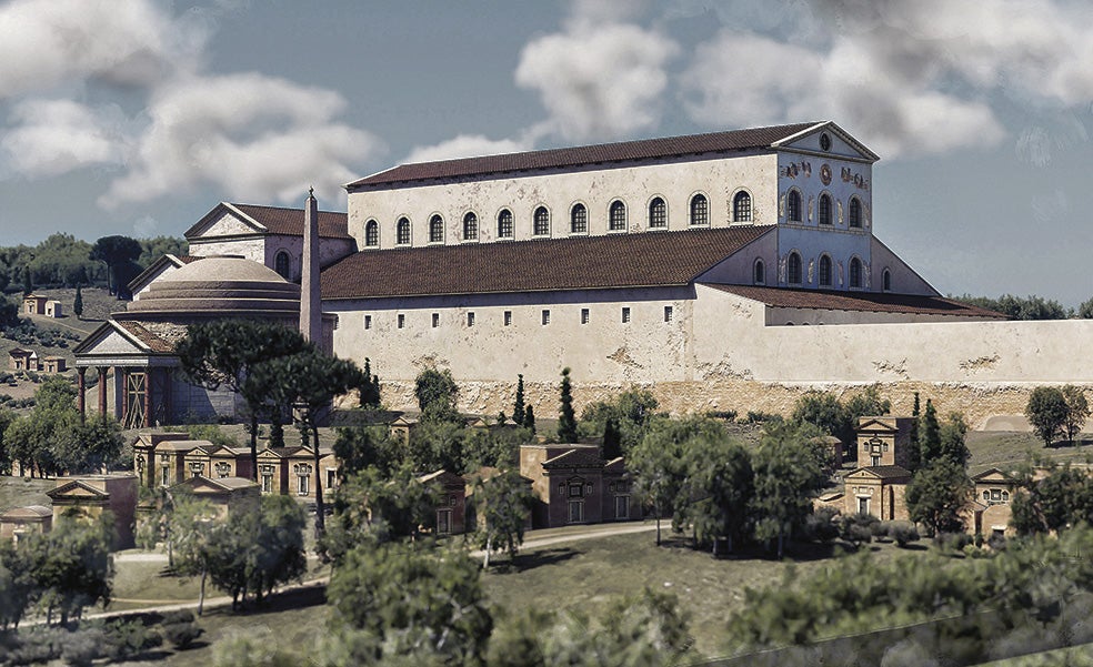 La imagen exterior de la primitiva basílica de San Pedro hasta que en el siglo XVI se demolió para levantar otra (la actual) en el mismo lugar.