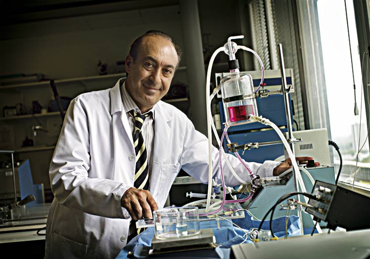 Imagen principal - Las tres fases del método del doctor Seifalian. Alexander Seifalian ha creado un polímero biocompatible – un fluido plástico– que se solidifica al cambiar de temperatura. Con un molde, el polímero adopta la forma de los órganos que se busca reproducir; en este caso, una nariz. El fluido tiene poros microscópicos en los que serán luego ‘insertadas’ las células madre del paciente. Los poros del fluido se impregnan con las células madre en un biorreactor, un ambiente estéril que gira y proporciona riego y oxígeno a la mezcla. Las células madre extraídas de la médula ósea del paciente, se pueden convertir en cualquier tipo de célula del organismo y, por tanto, producir los mismos tejidos que se encuentran en el órgano que se pretende crear para implantarlo en el paciente.