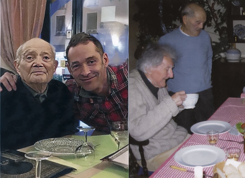 Pradier con el autor del libro, Frédéric Albert. A la derecha: Pradier con Morenas, el dueño de un albergue en el que trabajaba. Morenas protegió a judíos y partisanos en la guerra. Su hija cree que sabía que Pradier había estado en la cárcel, pero este le había dicho que por ser anarquista y falsamente acusado. Lejos de imaginar que era por colaborar con los nazis.