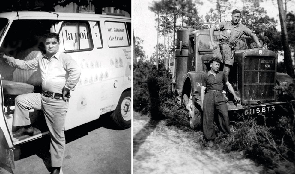 Pradier en una foto sin datar, cuando trabajaba de transportista tras haber sido liberado. A la derecha, dos partisanos en la Dordoña, entre los que se había infiltrado cuando trabajaba para la Gestapo.