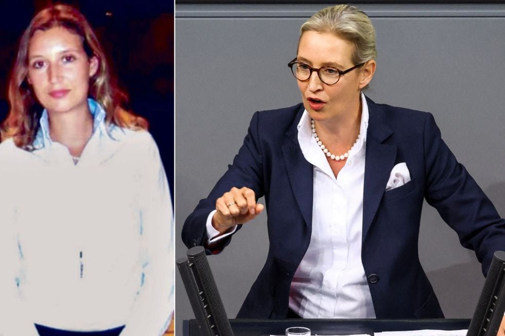 Weidel (a la izquierda, en una de sus pocas fotos antes de entrar en política) estudió Economía y fue la primera de su promoción. Luego trabajó en Goldman Sachs y en Allianz Global Investors, y realizó su tesis en el Banco de China. Es sobria en su forma de vestir hasta el punto de que es difícil verla sin su 'uniforme', de traje oscuro y camisa blanca.