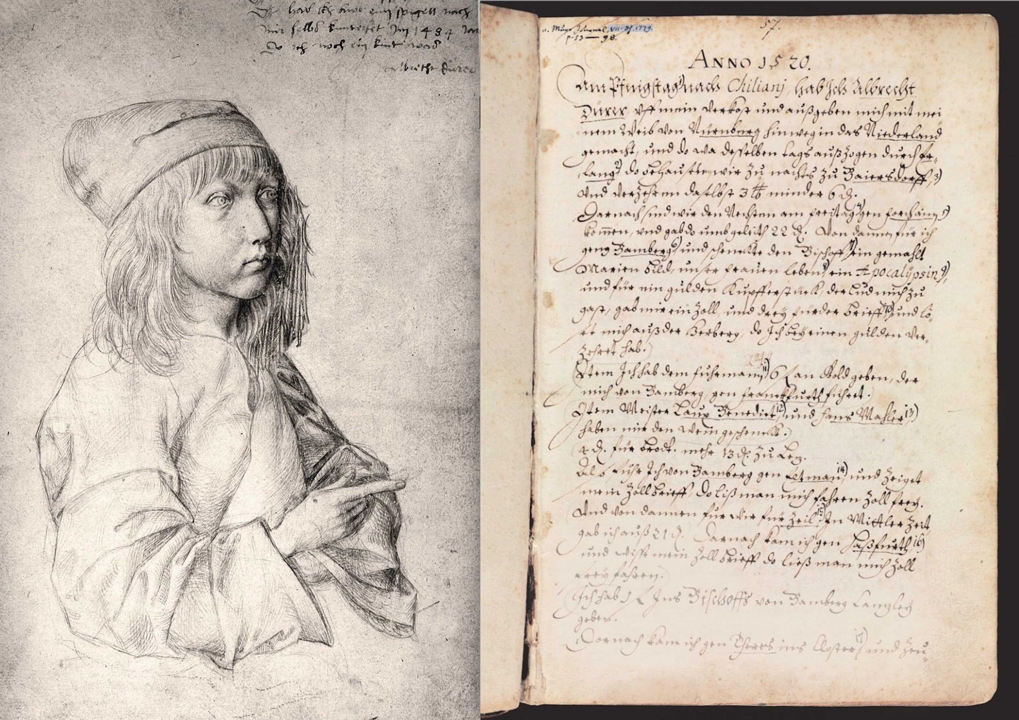 Durero se pintó a sí mismo muchas veces. Aquí, a los 13 años. Es su obra más antigua. A la derecha, una reproducción de su diario, todo ello recopilado en el libro Absolute Durero, de CM Editores.