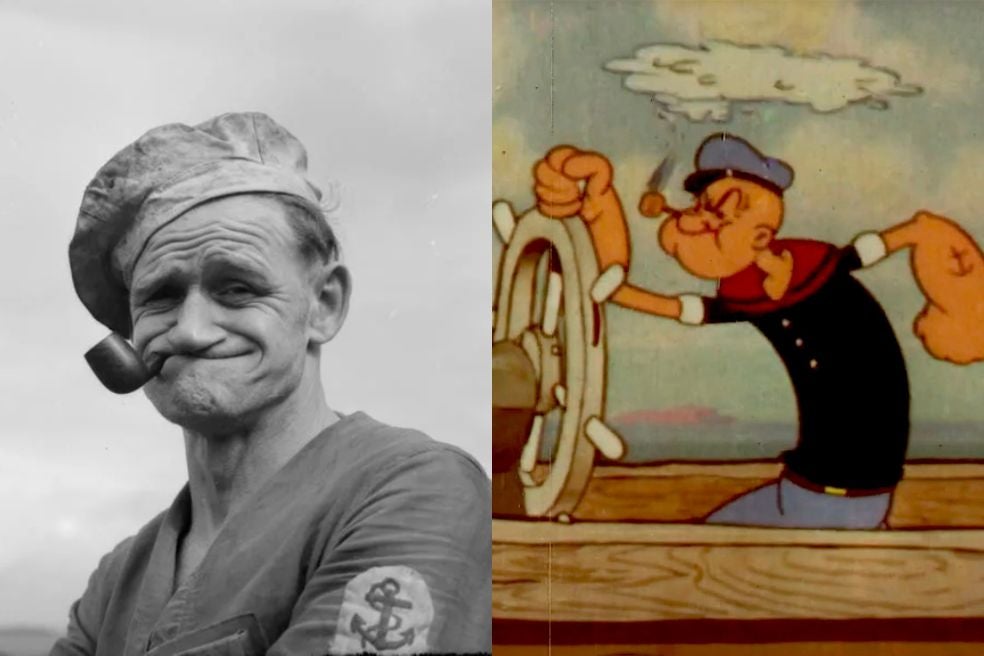 El autor de tiras cómicas Elzie Segar creó a su personaje inspirado en su vecino Frank Fiegel, un marinero polaco de temperamento explosivo, del que no se conserva foto. Quizá por eso, otra versión extendida es que su inspiración viene, en realidad, de la fotografía (arriba) que le hicieron a un fogonero británico en el HMS Rodney, un acorazado de la Royal Navy construido en el periodo de entreguerras.