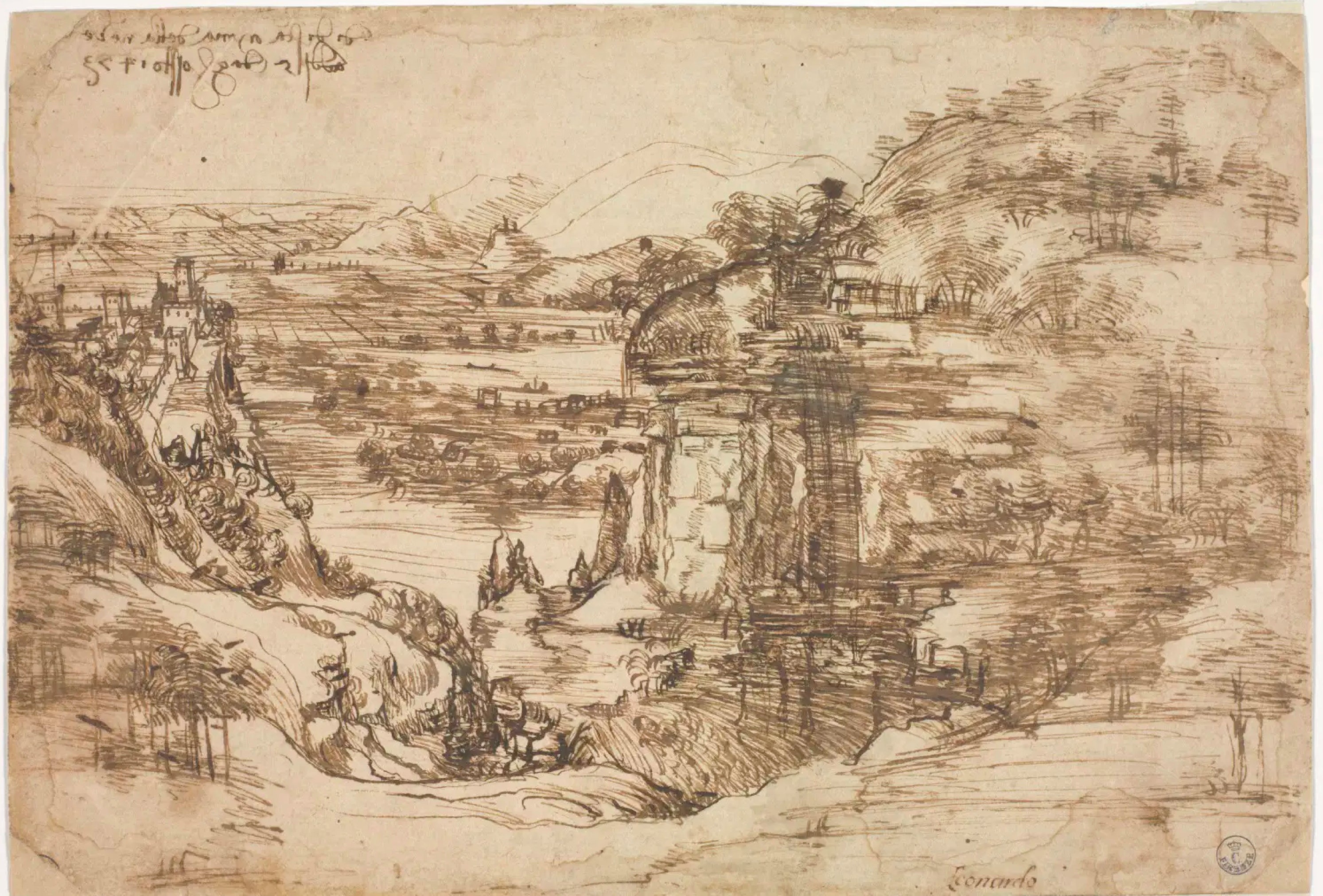 Paisaje de la Toscana, dibujado por Leonardo cuando tenía 21 años y catalogado como lámina 8P en los Uffizi. No era habitual entonces pintar paisajes sin escenas humanas, pero él ya se deleitaba en «la belleza natural del mundo».
