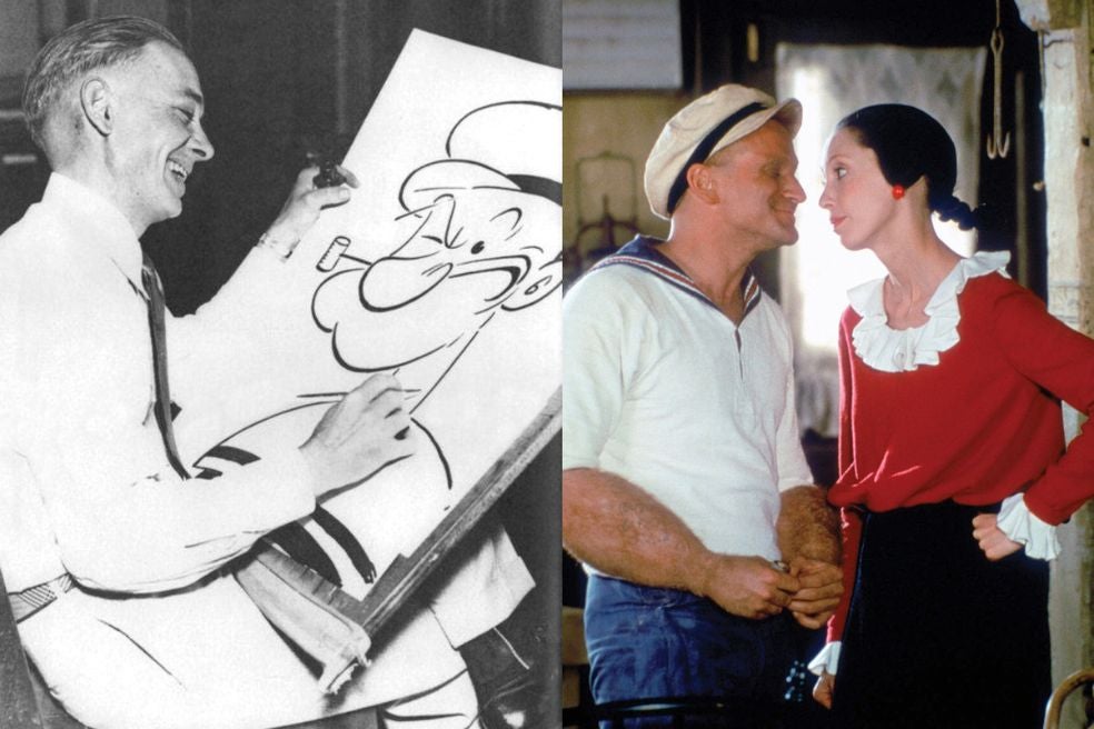 El creador de Popeye fue Elzie Segar, un caricaturista que tuvo una corta carrera por su frágil salud. Falleció de leucemia en 1938, a los 43 años. A la derecha, una imagen de la película de 1980, en la que Robin William y Shelley Duvall (que ese mismo año protagonizó El resplandor) interpretaron a los personajes creados por Segar.