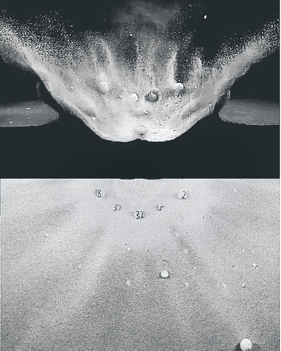 La mejor opción hoy es estrellar un cohete contra el asteroide. La misión DART de la NASA ya desvió así Dimorphos en 2022. En las imágenes, experimentos de impacto sobre una matriz de arena en los que se mide cómo los disparos afectan al objetivo.