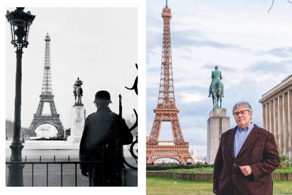 «Los alemanes usaron París como escaparate de su dominación. Querían dar una imagen amable y simpática. A partir de 1942, todo cambia», cuenta Juan Manuel de Prada, que posa en el mismo punto en el que fue tomada una foto de la época.