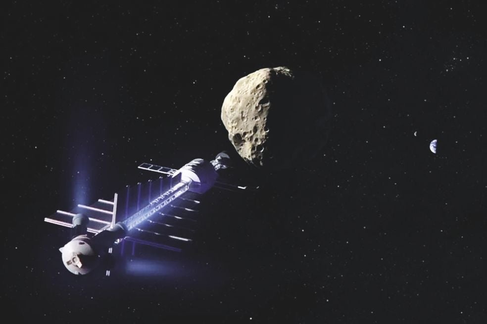 Una nave se acerca al asteroide y, al ejercer una pequeña fuerza de gravedad sobre el objeto, lo logra 'remolcar'; es decir, consigue que cambie su trayectoria, pero muy lentamente. Sin embargo, el problema es que este proceso es muy lento.