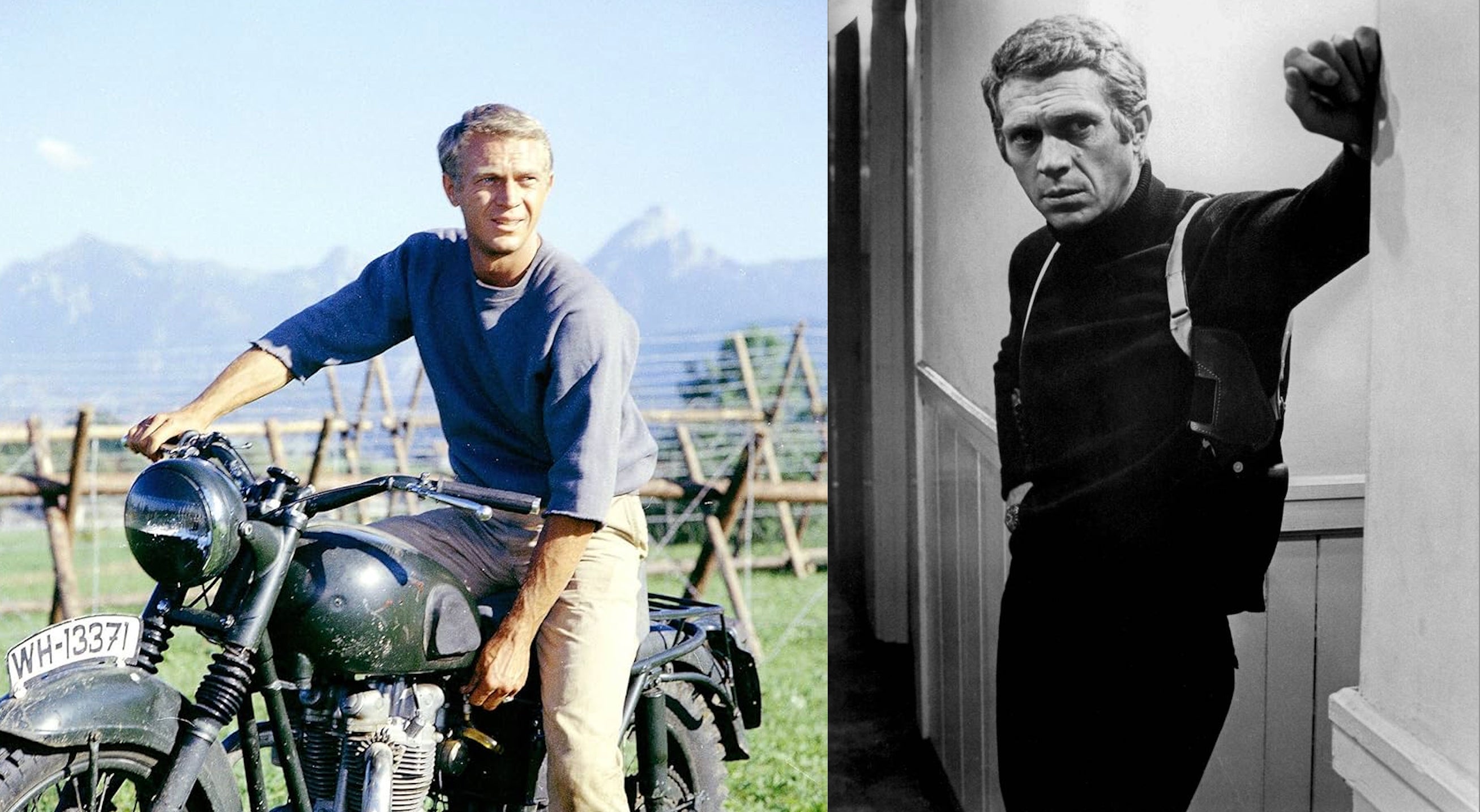 Sus papeles en La Gran Evasión (a la izquierda) —película en la que él mismo (sin dobles) hizo todas las arriesgadas maniobras con la moto— y en Bullitt (a la derecha), con una frenética persecución en coche, le valieron el apodo del 'rey del cool'.