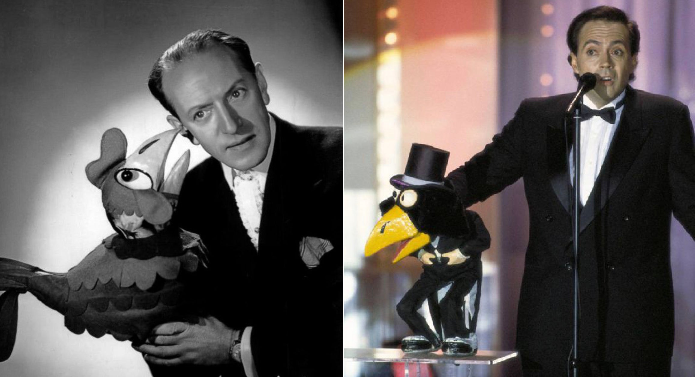 Wenceslao con la gallina Cecilia Chicken, que fue uno de sus personajes más famosos y, a la derecha, su sobrino José Luis Moreno, con su célebre muñeco Rockefeller.