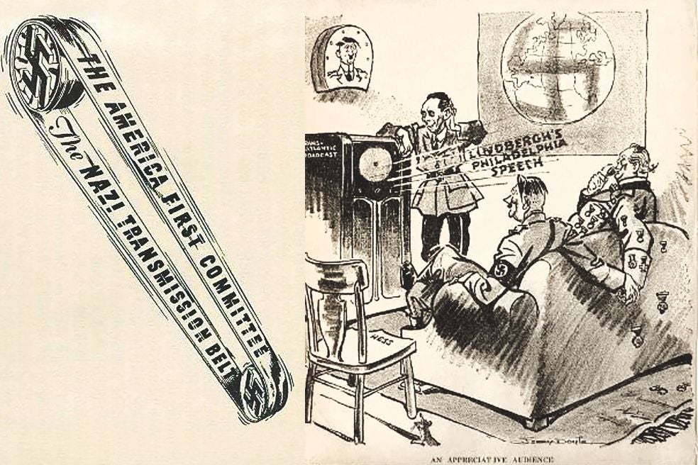Viñeta del exitoso caricaturista Dr. Seuss, (1941) que representa a Hitler y a sus lugartenientes escuchando complacidos por radio un discurso del aviador Charles Lindbergh. En la izda.: una viñeta de la misma época que vincula al comité America first con los nazis.