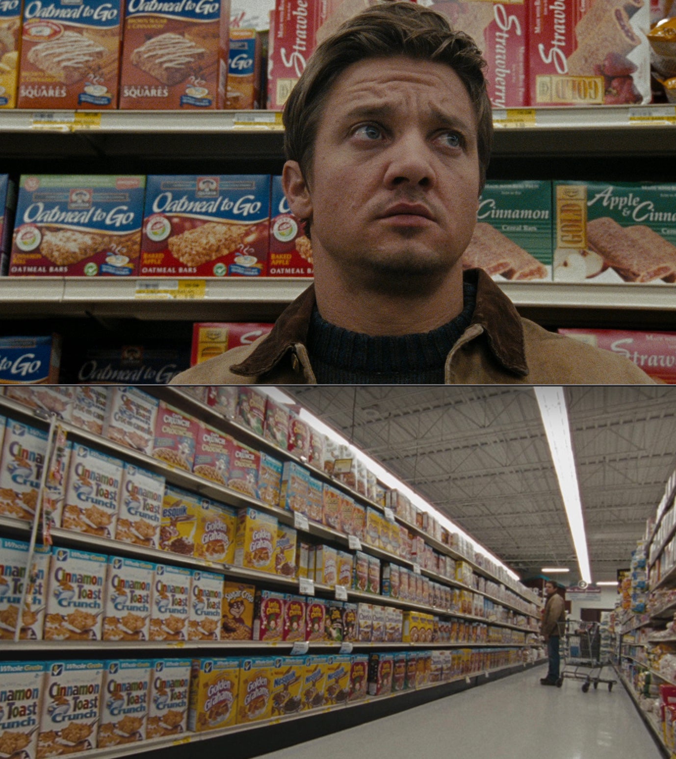 El sargento al que da vida el actor Jeremy Rener en la película En tierra hostil, un genio en el mundo de la desactivación de bombas, se ve abrumado por la mundana tarea de elegir una caja de cereales.