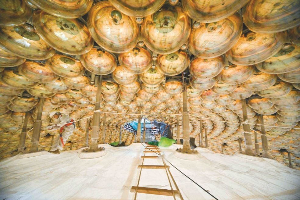 Miles de fotomultiplicadores cubren el detector para convertir la luz en señales eléctricas capaces de detectar neutrinos.
