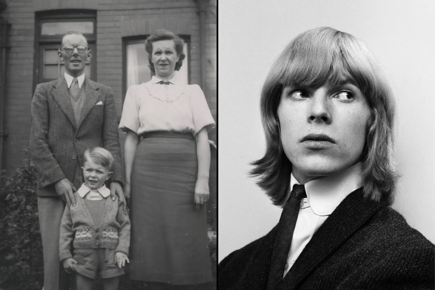 Bowie tuvo una excelente relación con su padre, pero no así con su madre (aquí, con ellos a los cuatro años). Como jefe de relaciones públicas en una organización de caridad, lo ayudó a conectar con el mundo de las celebridades. No llegó, sin embargo, a verlo triunfar. Tres meses antes de que Bowie, con 22 años (foto dcha.), lanzara su éxito Space Oddity, falleció por neumonía a los 56.