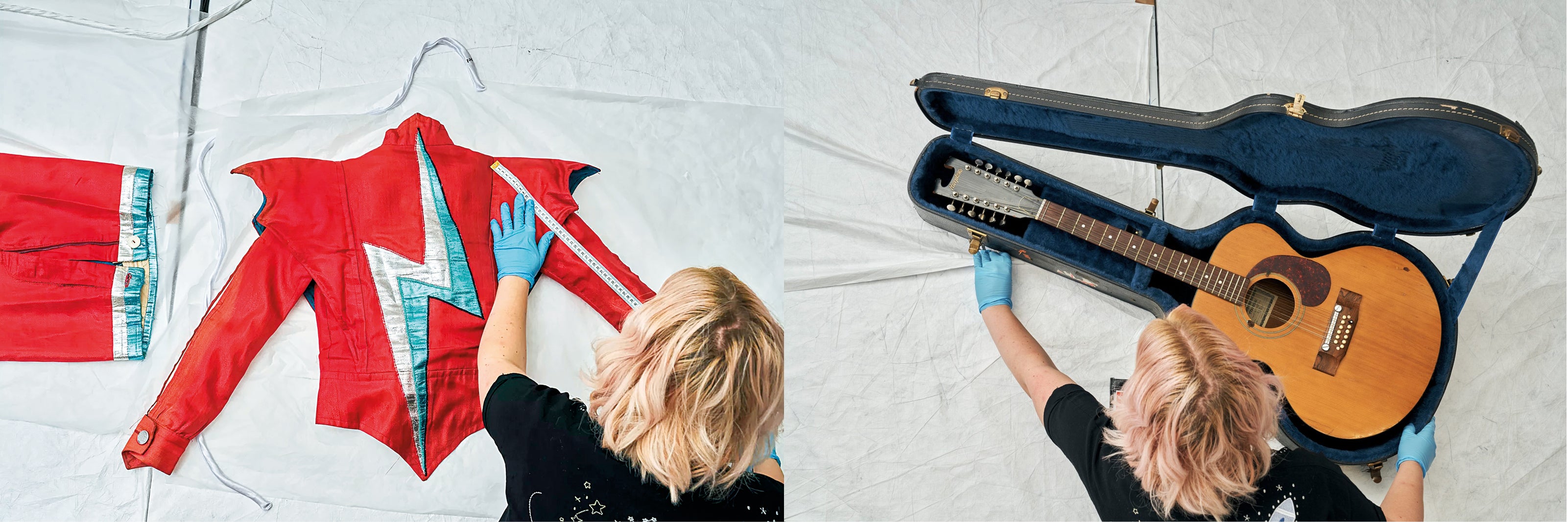 Traje con rayo estampado, del diseñador británico Freddie Burretti, utilizado en la gira de Aladdin sane; y una guitarra de doce cuerdas de Bowie son dos de los más de 90.000 objetos personales del músico que forman parte del acervo del Centro David Bowie.