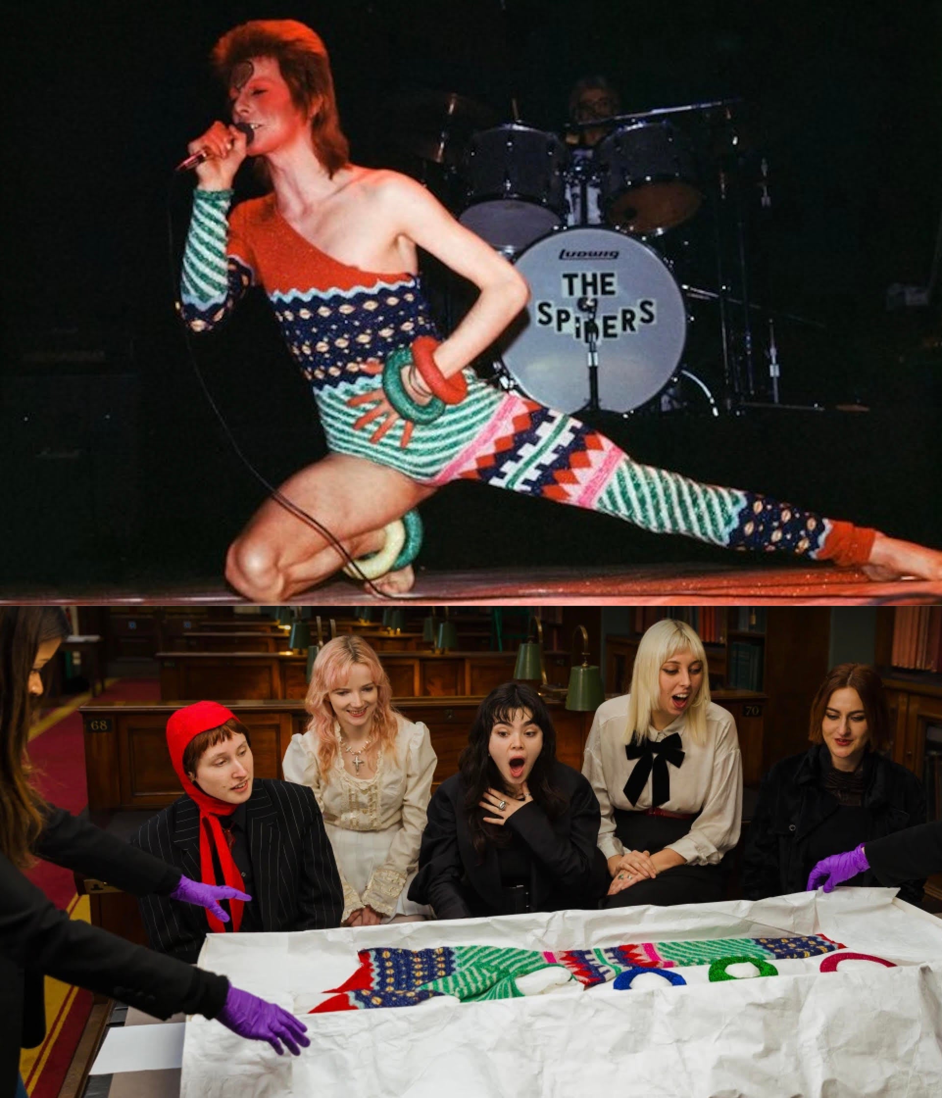 Un grupo de fans de Bowie reaccionan con entusiasmo al observar, en la nueva sede del V &amp; A Museum, uno de los trajes diseñados por el japonés Kansai Yamamoto para el personaje de Ziggy Stardust.