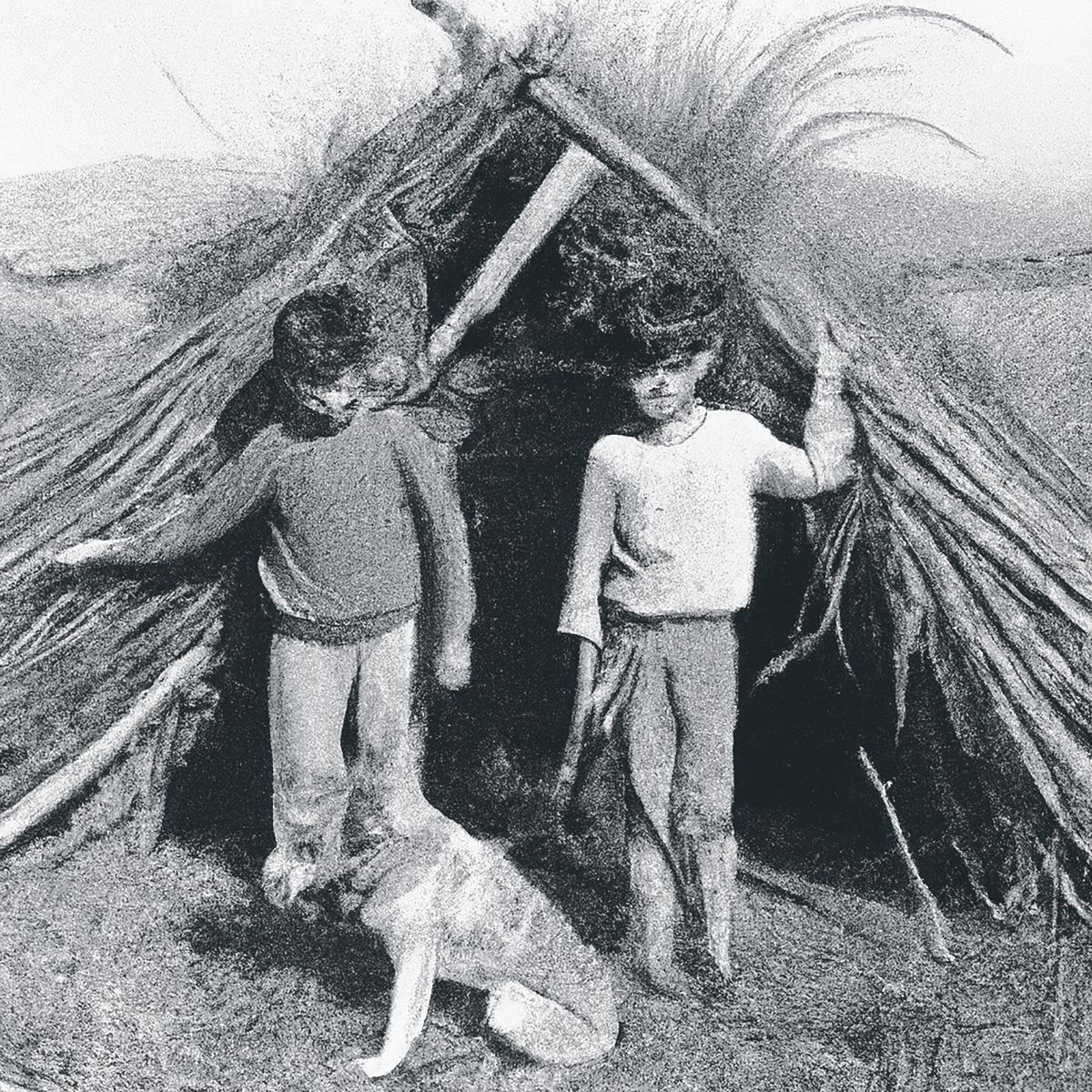 Entre los recuerdos más vívidos de Antonio está su infancia en el campo. Un día, tras construir una cabaña con ramas, él y su hermano decidieron quedarse allí a pasar la noche con su perro. Al volver a casa al día siguiente, su madre los recibió con una gran bronca. La imagen es la reconstrucción de ese recuerdo.
