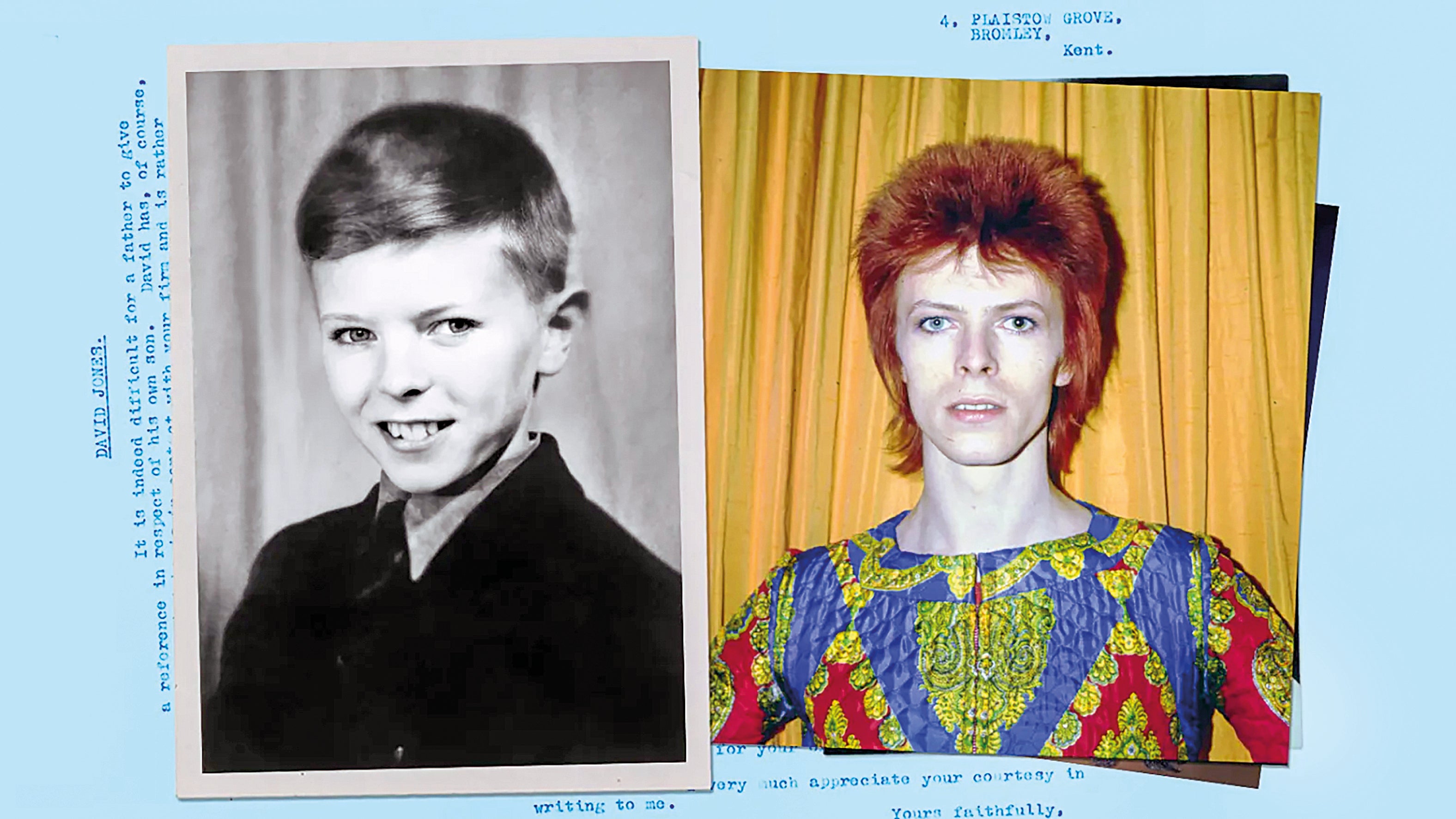 Bowie (izda., con 10 años) fue un estudiante aplicado, aunque con aura de rebelde por su afición a imitar a los músicos de blues y rock and roll y sus inclinaciones teatrales. Factores ambos decisivos en su carrera, sobre todo a partir del éxito de The Rise and Fall of Ziggy Stardust and the Spiders from Mars y su personaje Ziggy Stardust (dcha. con 26 años), el alter ego glam que lo catapultó a la fama.