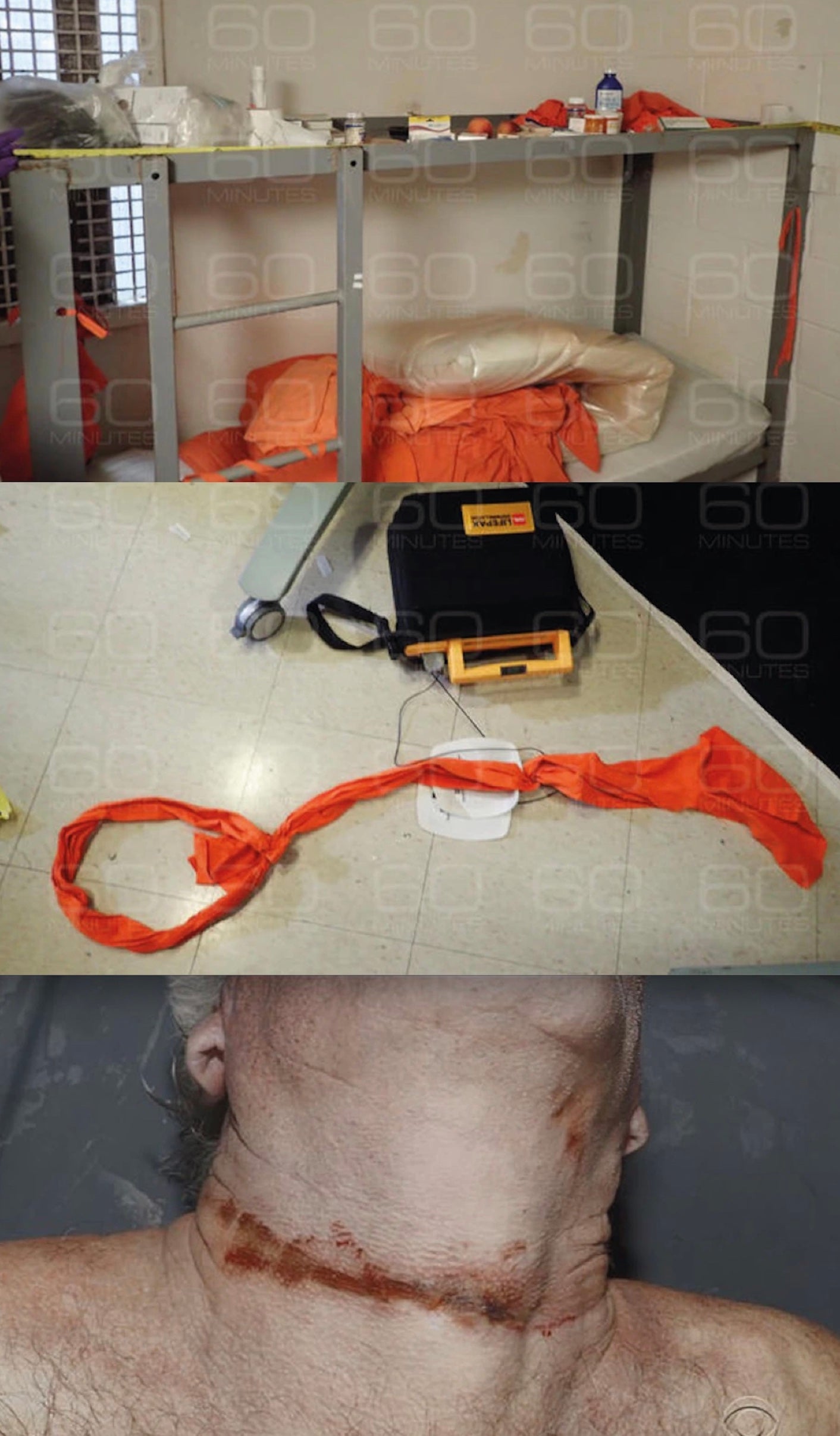 Tras el presunto suicidio de Epstein en prisión, el programa 60 Minutes de la CBS emitió imágenes del cadáver del pederasta, su celda y el trozo de sábana con el que presuntamente se habría ahorcado, atándolo a la litera y dejándose caer arrodillado.