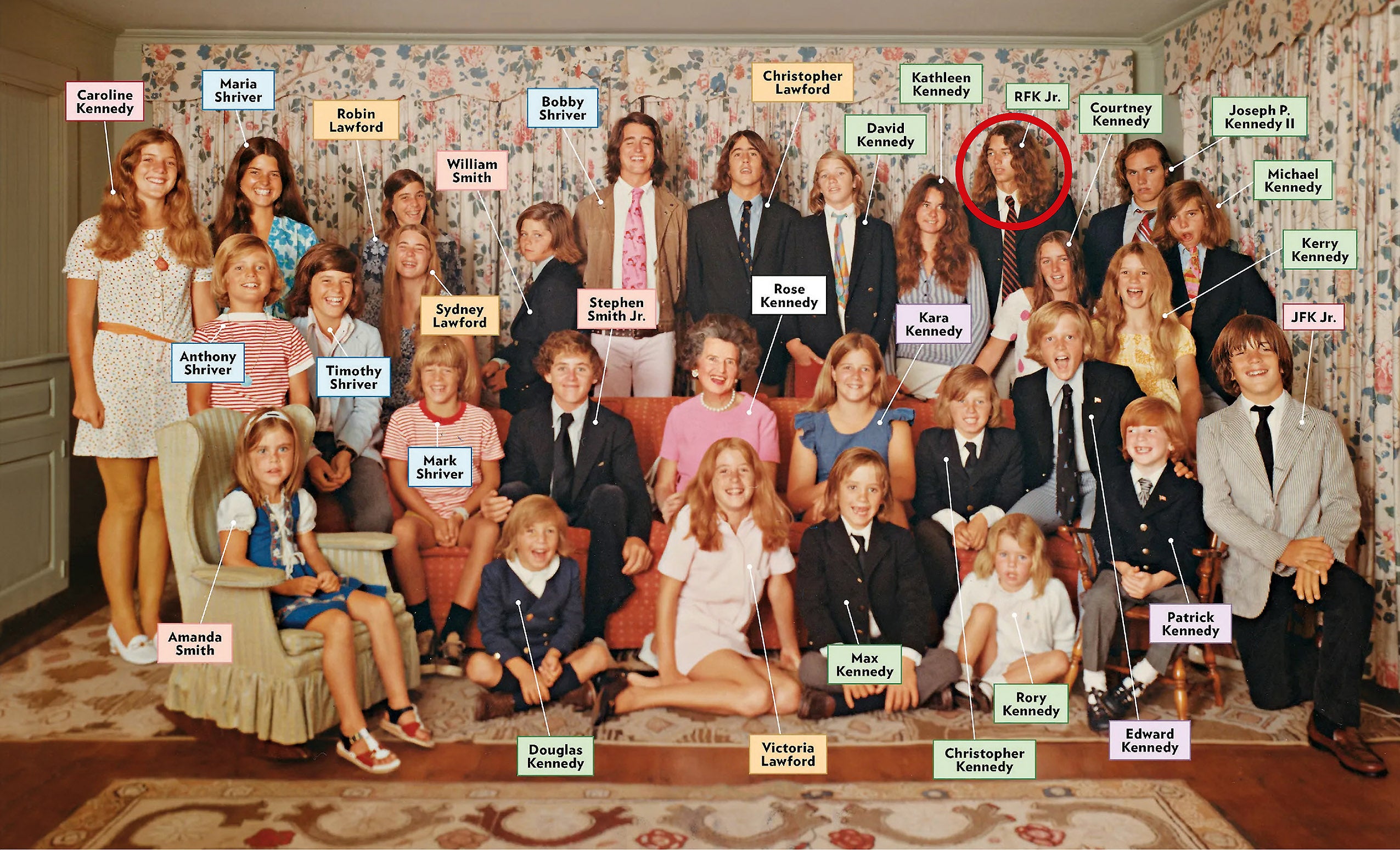 Rose, matriarca del clan, posa en 1972 con sus nietos, la tercera generación de los Kennedy, hoy enfrentada por Robert F. Kennedy Jr. (en el círculo), actual secretario de Salud con Trump.