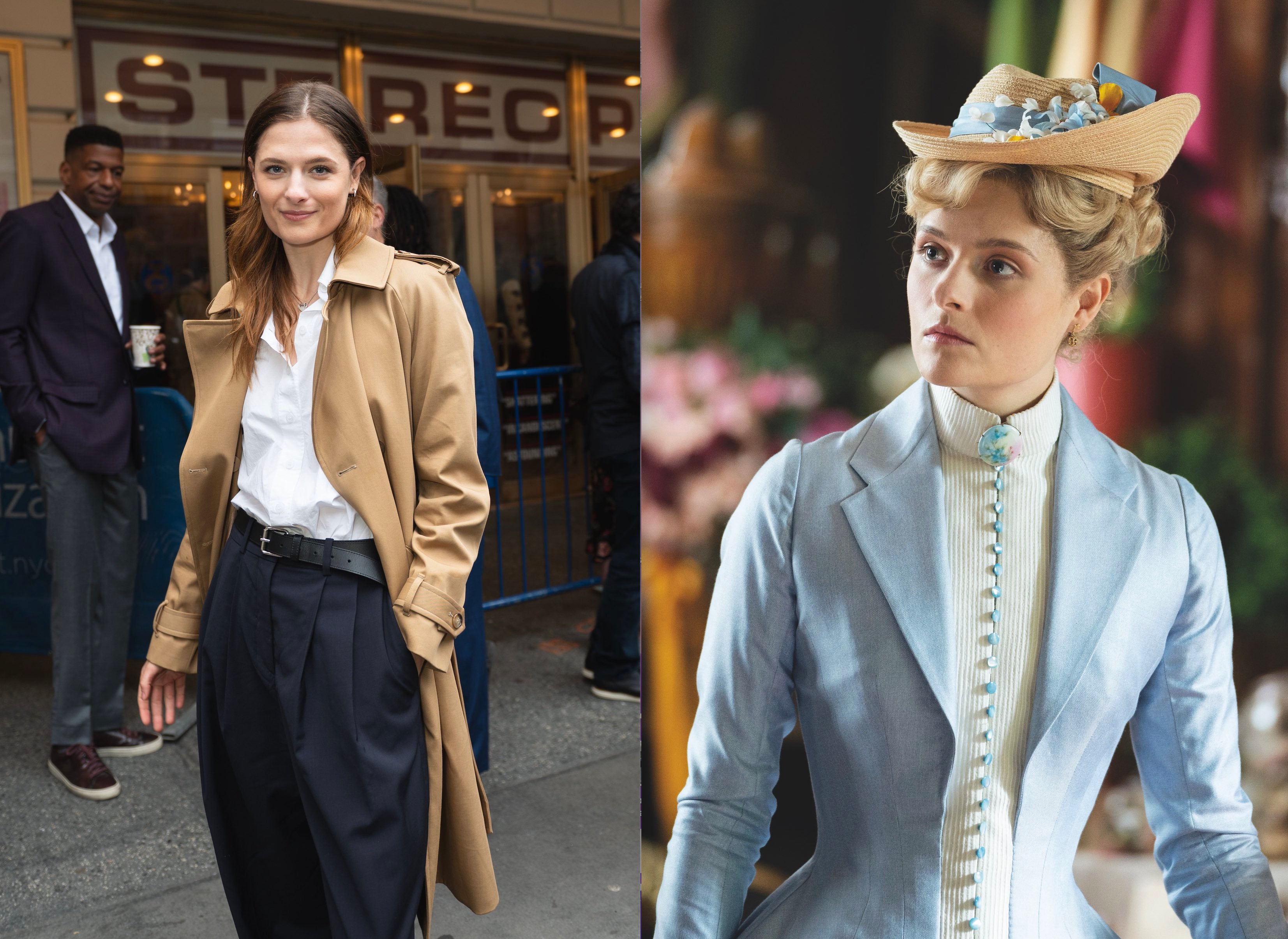 Louisa Jacobson en un evento el año pasado y en la serie La edad dorada. No usa el apellido de su padre porque ya había otra actriz con ese mismo nombre y apellido.