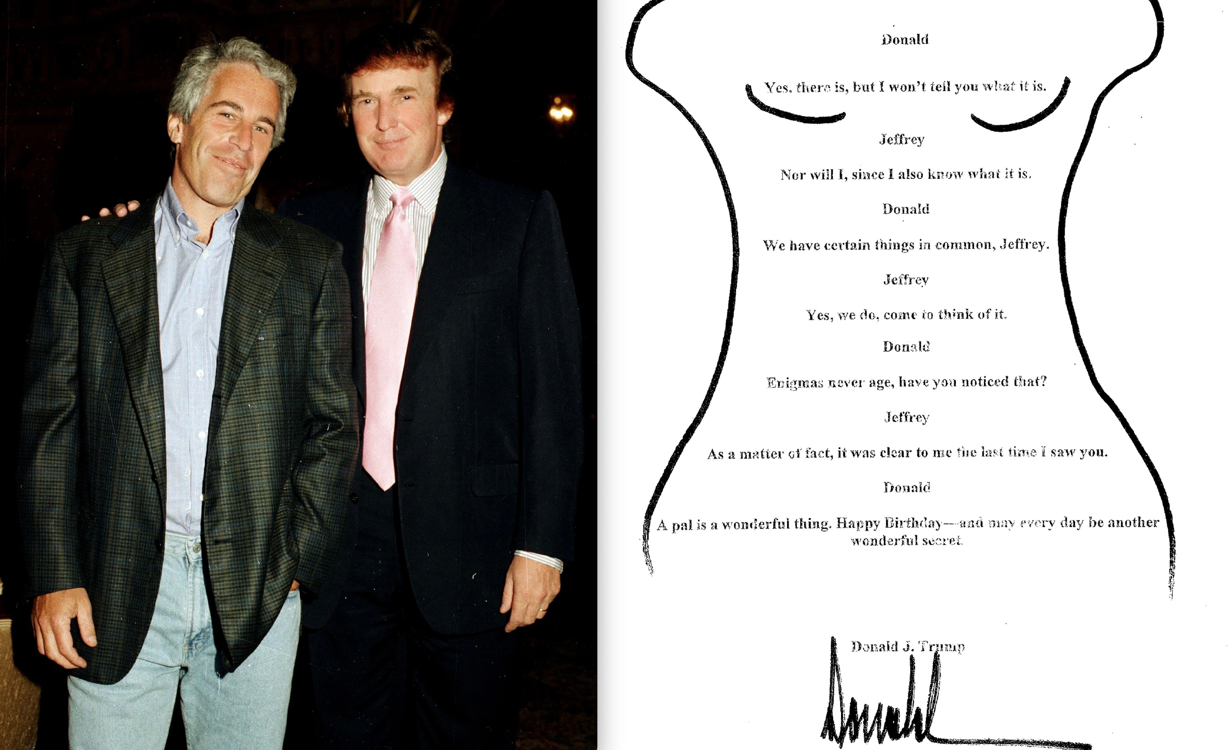 Epstein y Trump cuando eran amigos. A la derecha, el dibujo hecho público por congresistas demócratas que sería una felicitación del actual presidente a Epstein por su cumpleaños. Trump niega ser el autor del dibujo.
