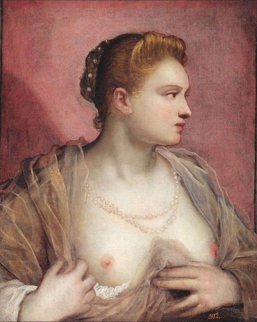 Los reyes incluyeron en sus colecciones obras con desnudos como Dama descubriendo el seno, de Domenico Tintoretto.
