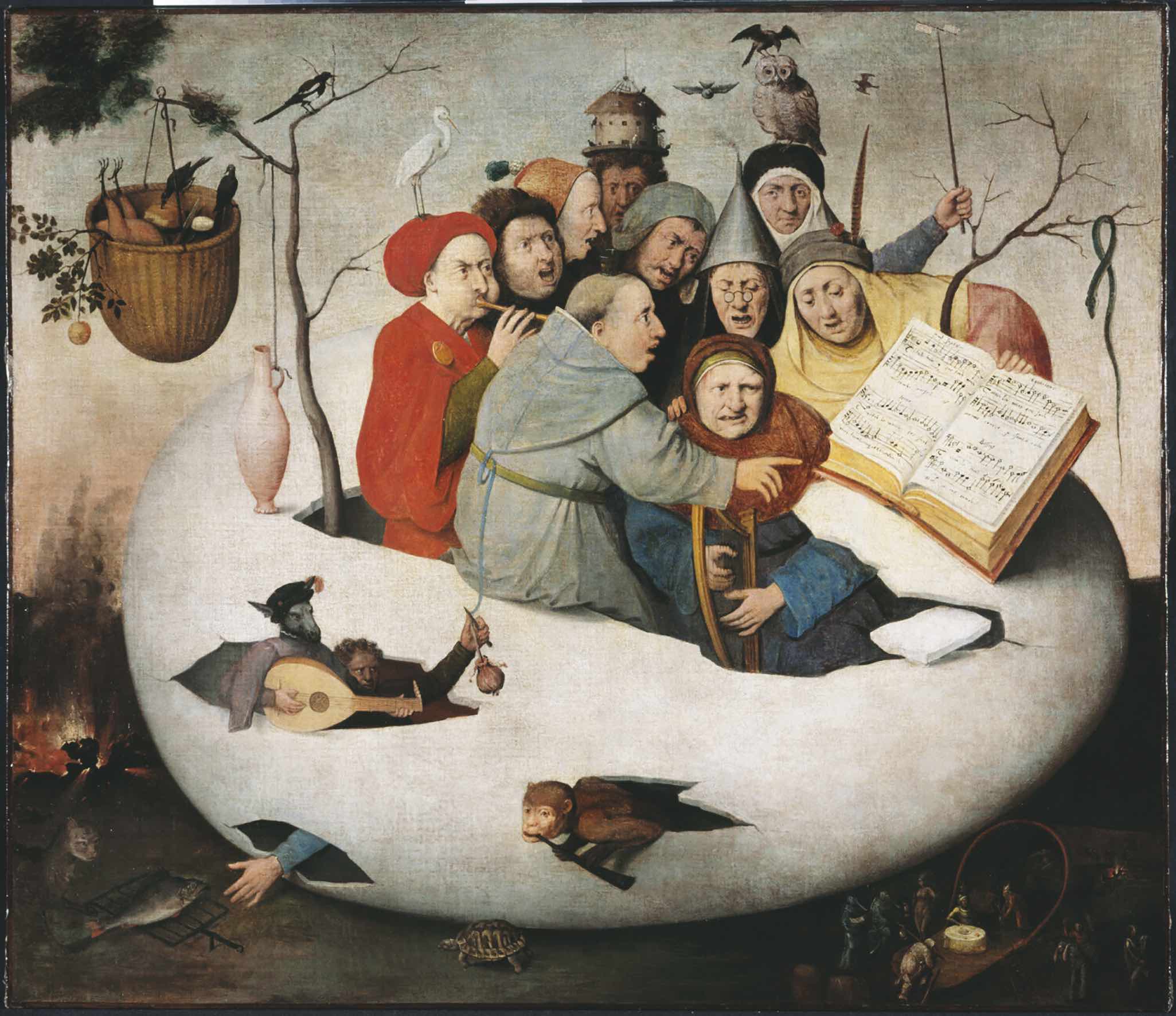 Los cascabeles que muchos bufones llevaban en sus gorros servían para que siempre se supiera dónde estaban. En la imagen: El concierto en el huevo, del Bosco.