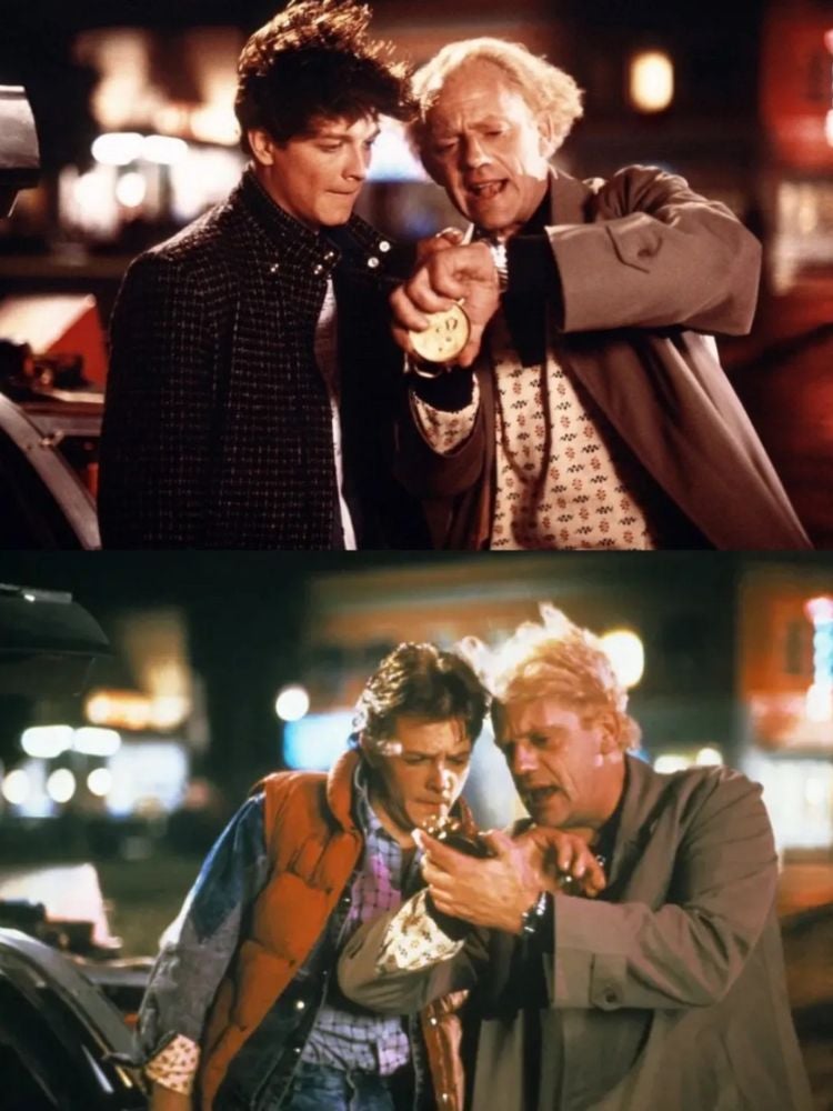 Los productores de Regreso al futuro llevaban ya seis semanas de rodaje con Eric Stoltz de protagonista (arriba), pero ni el director, Robert Zemeckis, ni el productor ejecutivo, Steven Spielberg, estaban satisfechos con él. Abajo, Michael J. Fox en el mismo pasaje del filme rodado con Stoltz.