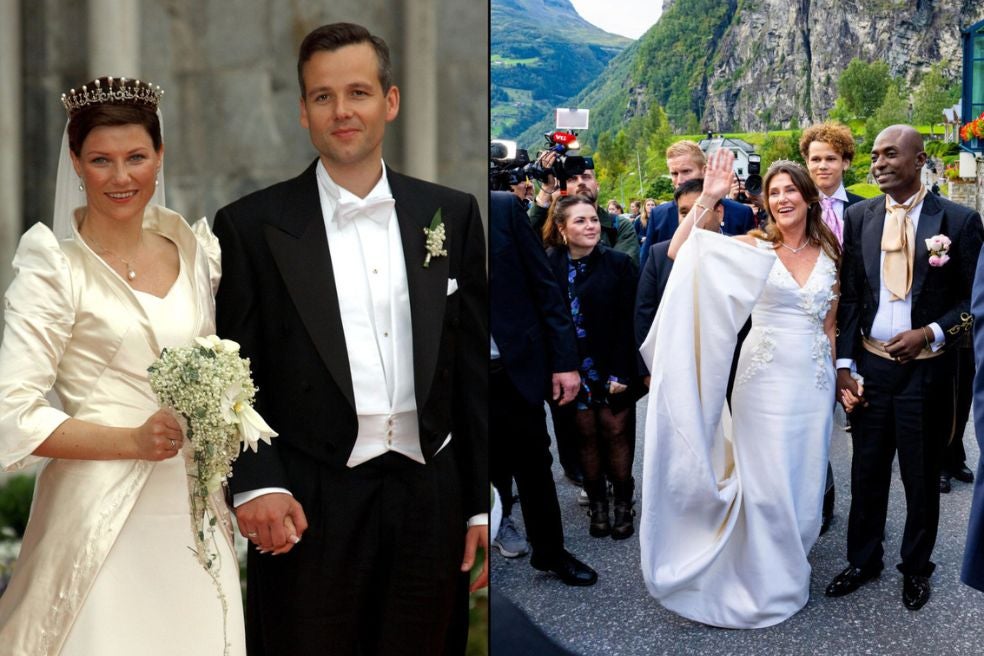 Entre su primera boda con Ari Behn en 2002 (a la izquierda) y su segunda boda, con Durek, en 2024, el estilo de Marta Luisa y su presencia pública han cambiado notablemente. Sus parejas, en ambos casos, han sido polémicas. Y en el caso del escritor Ari Behn, trágica: se suicidó en 2019.