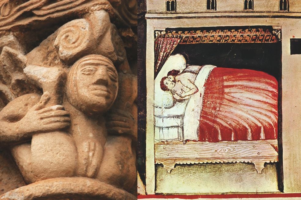 Capitel de la iglesia románica San Pedro de Cervatos; Coitus, del libro Tacuinum sanitatis casanatensis, del siglo XIV.