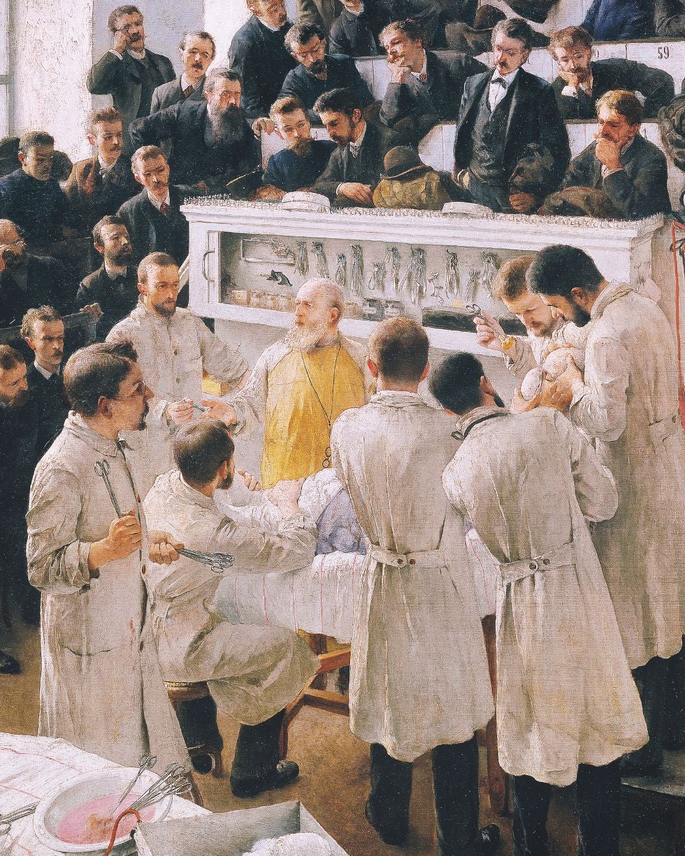 Esta pintura del Hospital General de Viena de 1880 es la imagen que a Semmelweis, el 'loco' que pedía a los médicos que se lavaran las manos, le habría gustado ver. Un quirófano más limpio, con batas blancas, palanganas... Pero él murió 15 años antes.